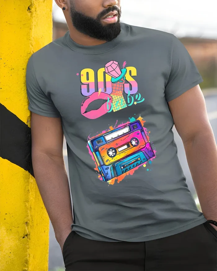 90s Cassette T-shirt with Retro Babe Vibe Art - model in grey shirt leaning against column