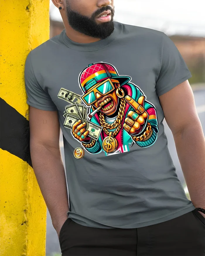 Cartoon Money Rapper T-shirt with Gold Bling Art - model in grey shirt leaning against column