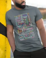 Neon Music Instrument T-shirt with Line Art Design - model in grey shirt leaning against column