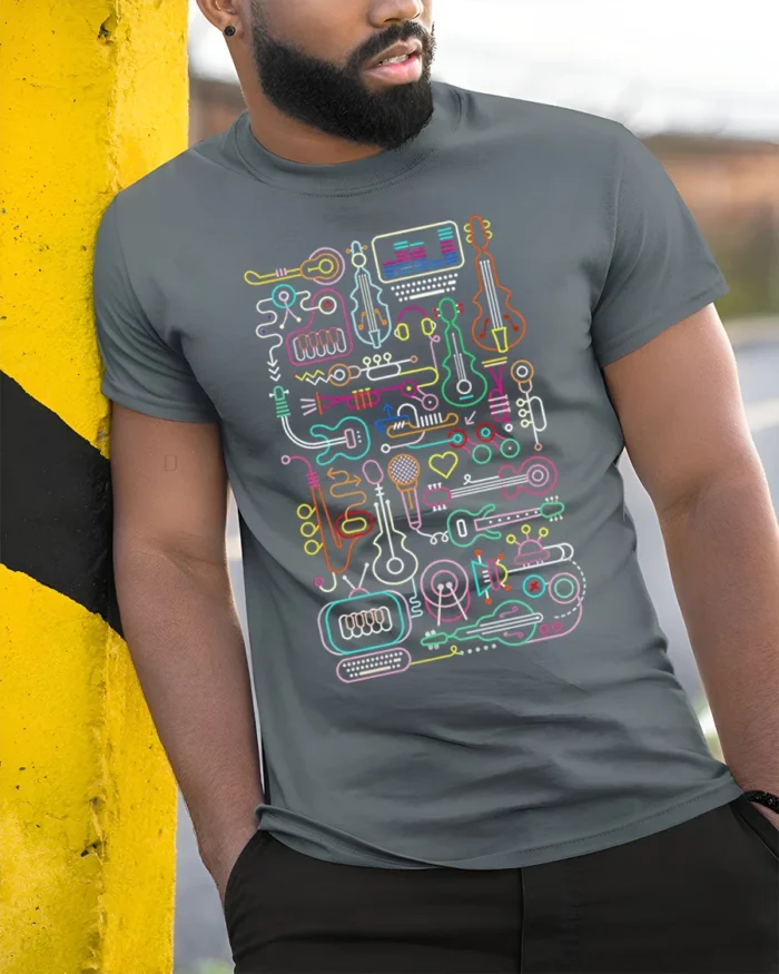 Neon Music Instrument T-shirt with Line Art Design - model in grey shirt leaning against column