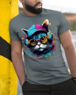 Cool Hip Hop Cat T-shirt with Headphones - model in grey shirt leaning against column