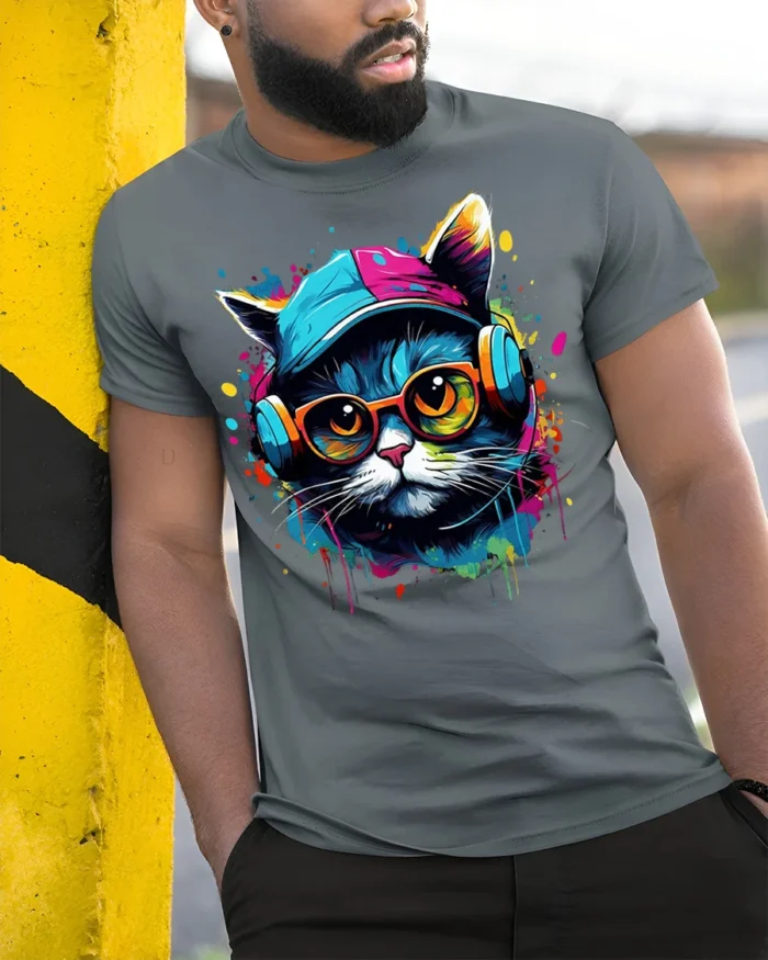 Cool Hip Hop Cat T-shirt with Headphones - model in grey shirt leaning against column