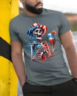 Patriotic Skeleton T-shirt with USA Drink Art - model in grey shirt leaning against column