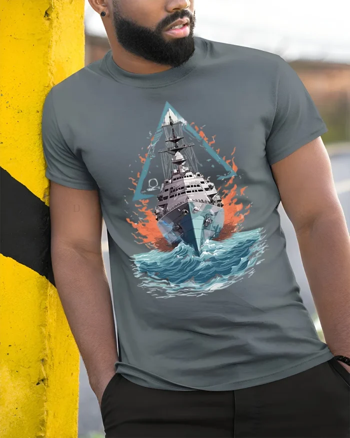 Navy Warship T-shirt with Ocean Battle Art - model in grey shirt leaning against column