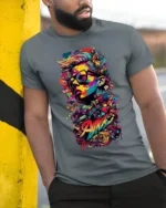 Colorful Street Art T-shirt with Urban Portrait - model in grey shirt leaning against column