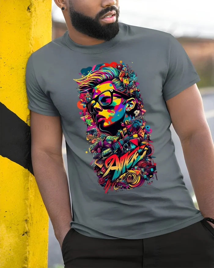 Colorful Street Art T-shirt with Urban Portrait - model in grey shirt leaning against column
