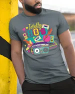 Totally 80s T-shirt with Retro Boombox Art - model in grey shirt leaning against column