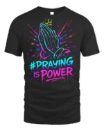 Praying Hands Faith Power Graphic T-shirt - black t-shirt on white background