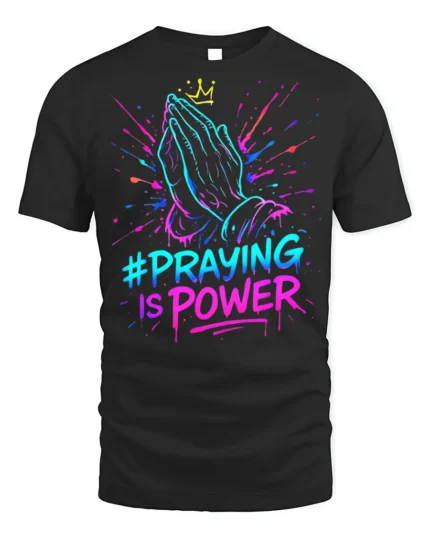 Praying Hands Faith Power Graphic T-shirt - black t-shirt on white background
