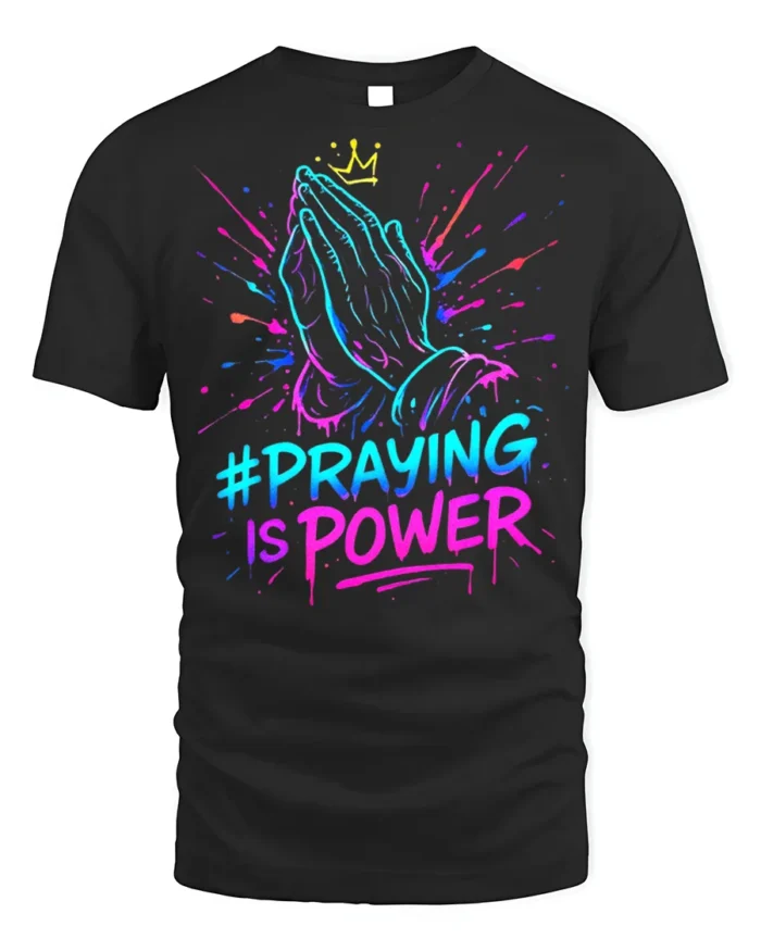 Praying Hands Faith Power Graphic T-shirt - black t-shirt on white background