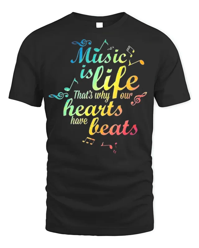 Music Is Life Rainbow Beats T-shirt - black t-shirt on white background