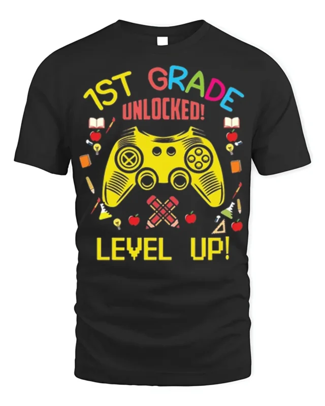 1st Grade Unlocked Gamer Back to School T-shirt - black t-shirt on white background