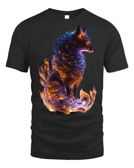 Mythical Flame Fox Spirit T-shirt for Fantasy Fans - black t-shirt on white background