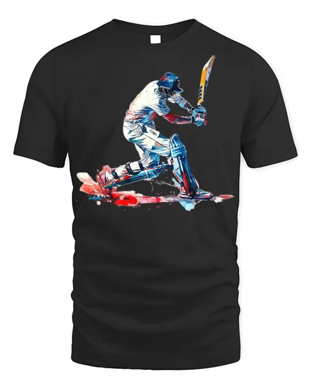 Cricket Batsman Splash Art T-shirt for Players - black t-shirt on white background