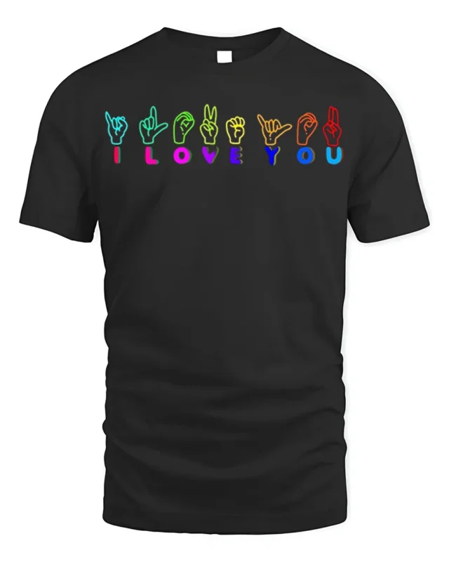 I Love You Sign Language T-shirt Neon Design - black t-shirt on white background