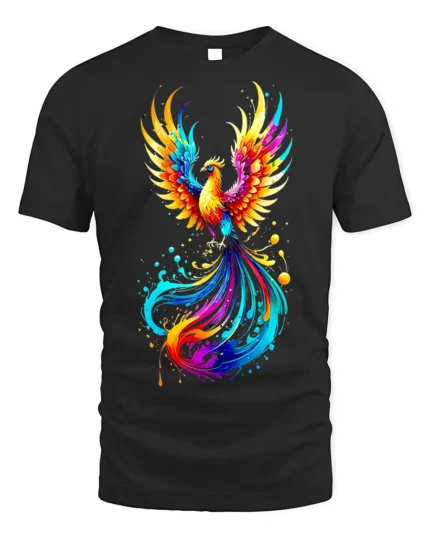 Rainbow Phoenix Splash T-shirt for Fantasy Lovers - black t-shirt on white background