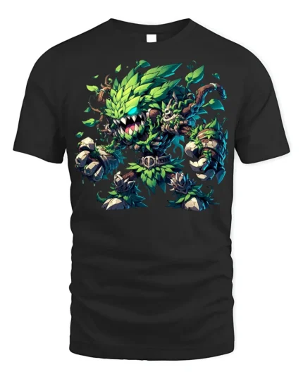 Leaf Monster Forest Guardian T-shirt Fantasy Art - black t-shirt on white background