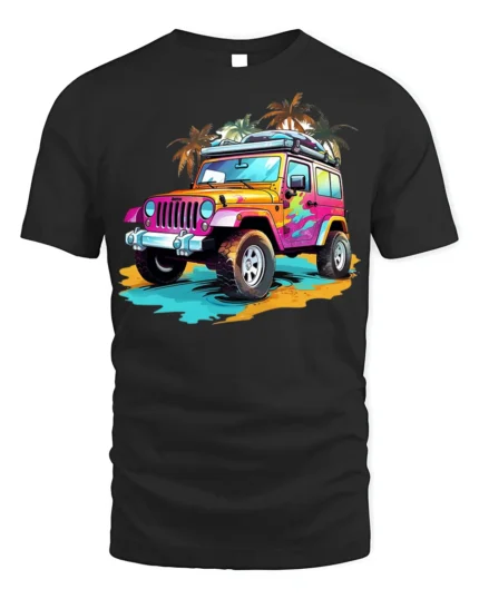 Colorful Beach Jeep Adventure Graphic T-shirt - black t-shirt on white background