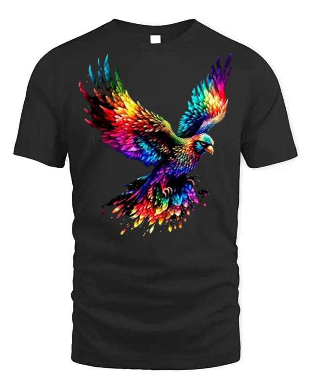 Colorful Rainbow Eagle Splash T-shirt Art Print - black t-shirt on white background