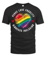 Peace Love Equality Pride Heart T-shirt - black t-shirt on white background