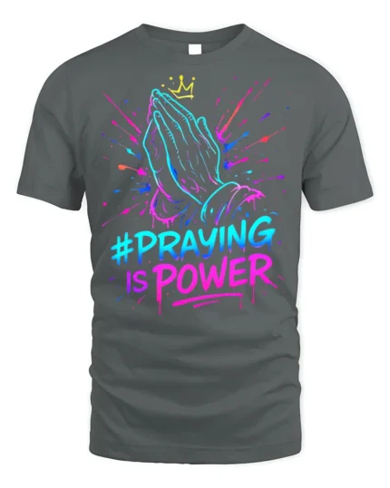 Praying Hands Faith Power Graphic T-shirt - gray t-shirt on white background