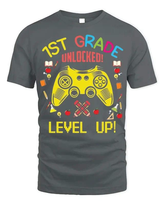 1st Grade Unlocked Gamer Back to School T-shirt - gray t-shirt on white background