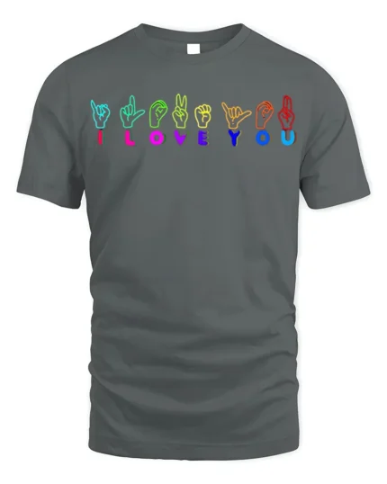I Love You Sign Language T-shirt Neon Design - gray t-shirt on white background