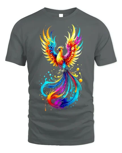 Rainbow Phoenix Splash T-shirt for Fantasy Lovers - gray t-shirt on white background