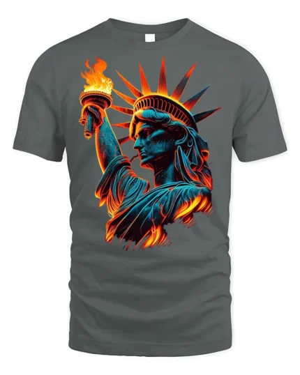 Statue of Liberty Flame Graphic T-shirt USA - gray t-shirt on white background