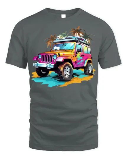 Colorful Beach Jeep Adventure Graphic T-shirt - gray t-shirt on white background