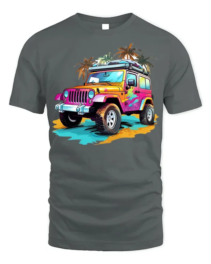 Colorful Beach Jeep Adventure Graphic T-shirt - gray t-shirt on white background