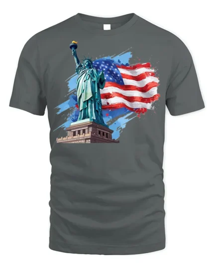 Statue of Liberty American Flag T-shirt USA - gray t-shirt on white background