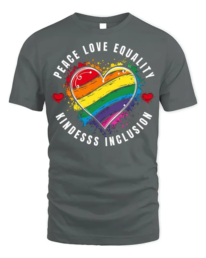 Peace Love Equality Pride Heart T-shirt - gray t-shirt on white background
