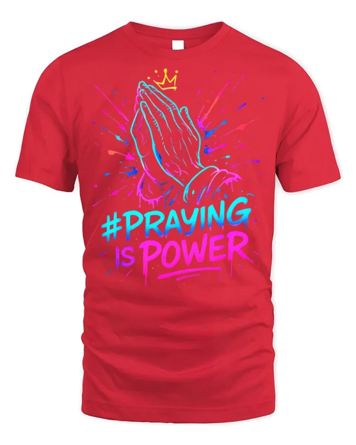 Praying Hands Faith Power Graphic T-shirt - red t-shirt on white background
