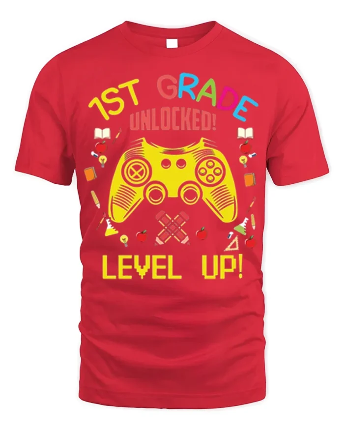 1st Grade Unlocked Gamer Back to School T-shirt - red t-shirt on white background