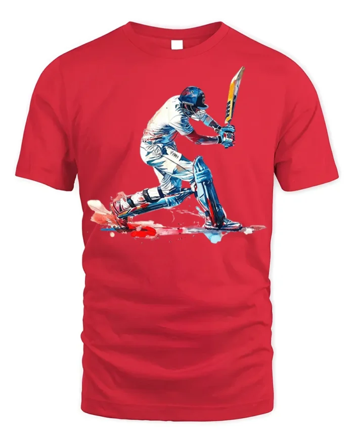 Cricket Batsman Splash Art T-shirt for Players - red t-shirt on white background