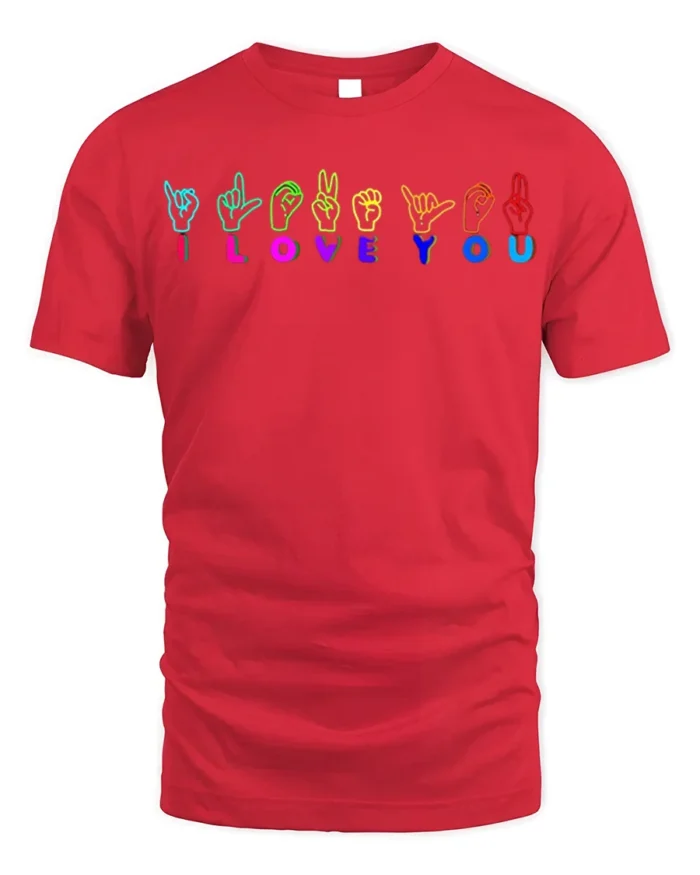 I Love You Sign Language T-shirt Neon Design - red t-shirt on white background