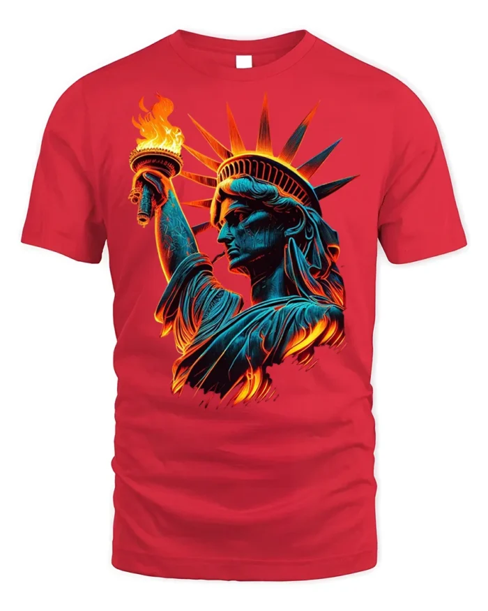 Statue of Liberty Flame Graphic T-shirt USA - red t-shirt on white background