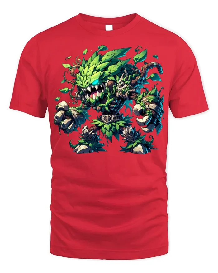 Leaf Monster Forest Guardian T-shirt Fantasy Art - red t-shirt on white background