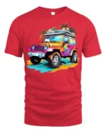 Colorful Beach Jeep Adventure Graphic T-shirt - red t-shirt on white background