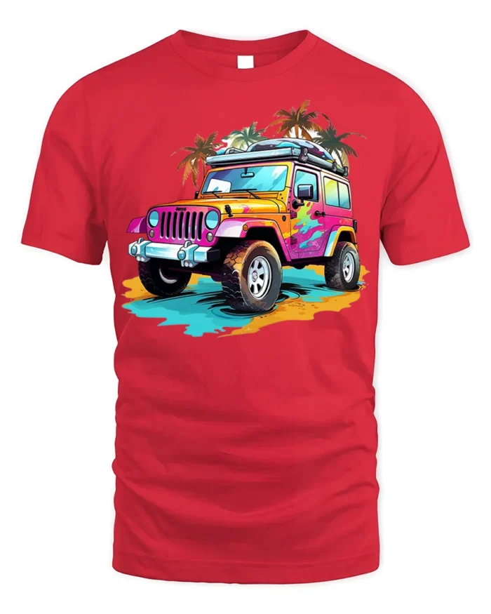 Colorful Beach Jeep Adventure Graphic T-shirt - red t-shirt on white background
