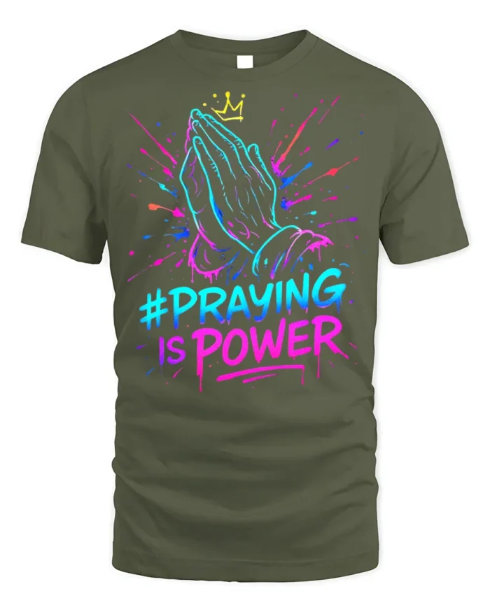 Praying Hands Faith Power Graphic T-shirt - military green t-shirt on white background