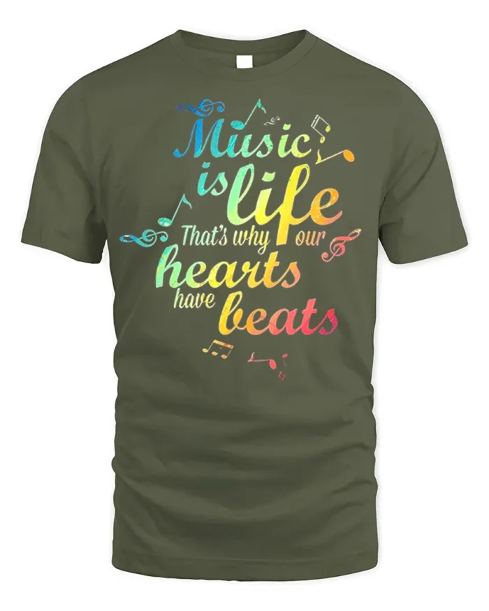 Music Is Life Rainbow Beats T-shirt - military green t-shirt on white background