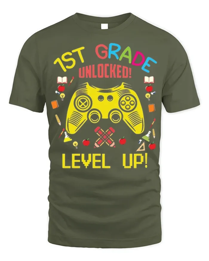 1st Grade Unlocked Gamer Back to School T-shirt - military green t-shirt on white background