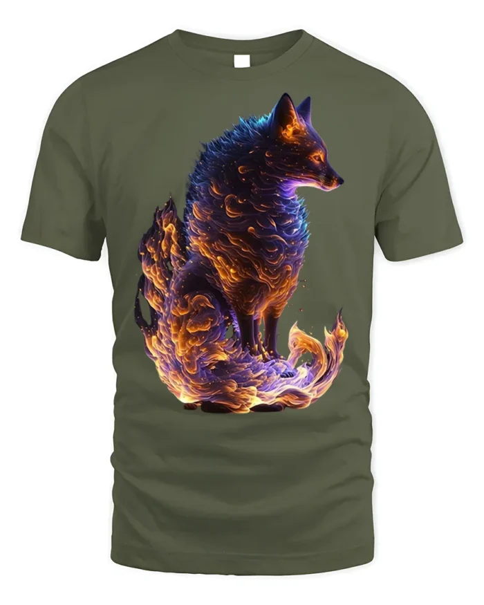Mythical Flame Fox Spirit T-shirt for Fantasy Fans - military green t-shirt on white background