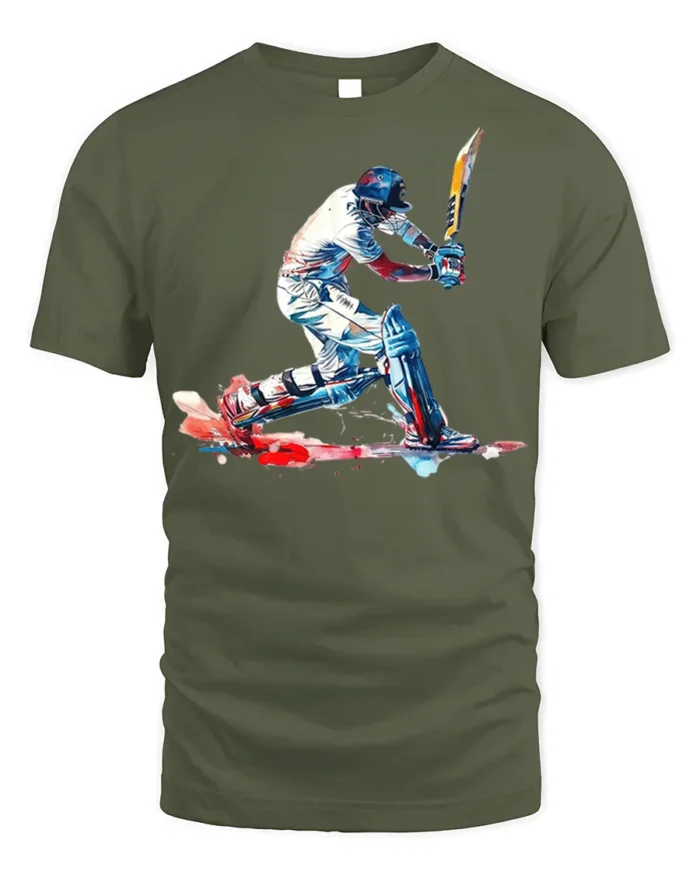 Cricket Batsman Splash Art T-shirt for Players - military green t-shirt on white background