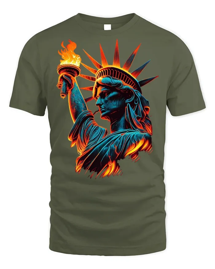 Statue of Liberty Flame Graphic T-shirt USA - military green t-shirt on white background