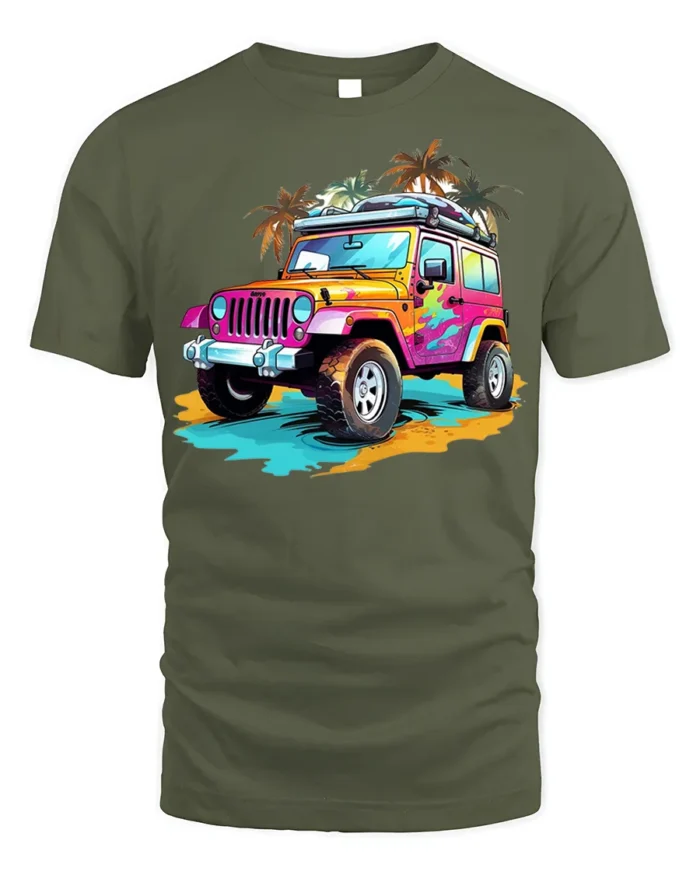 Colorful Beach Jeep Adventure Graphic T-shirt - military green t-shirt on white background