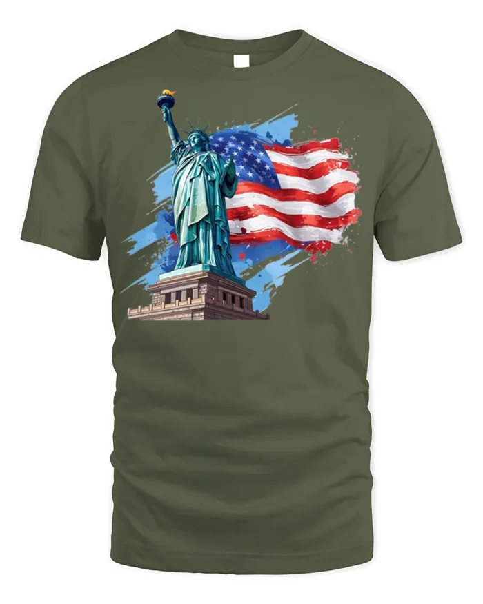 Statue of Liberty American Flag T-shirt USA - military green t-shirt on white background
