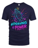 Praying Hands Faith Power Graphic T-shirt - navy t-shirt on white background